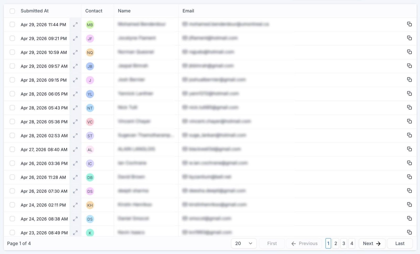 Climatisation ACG leads inbox, showing page 1 of 4. Names and emails are blurred.