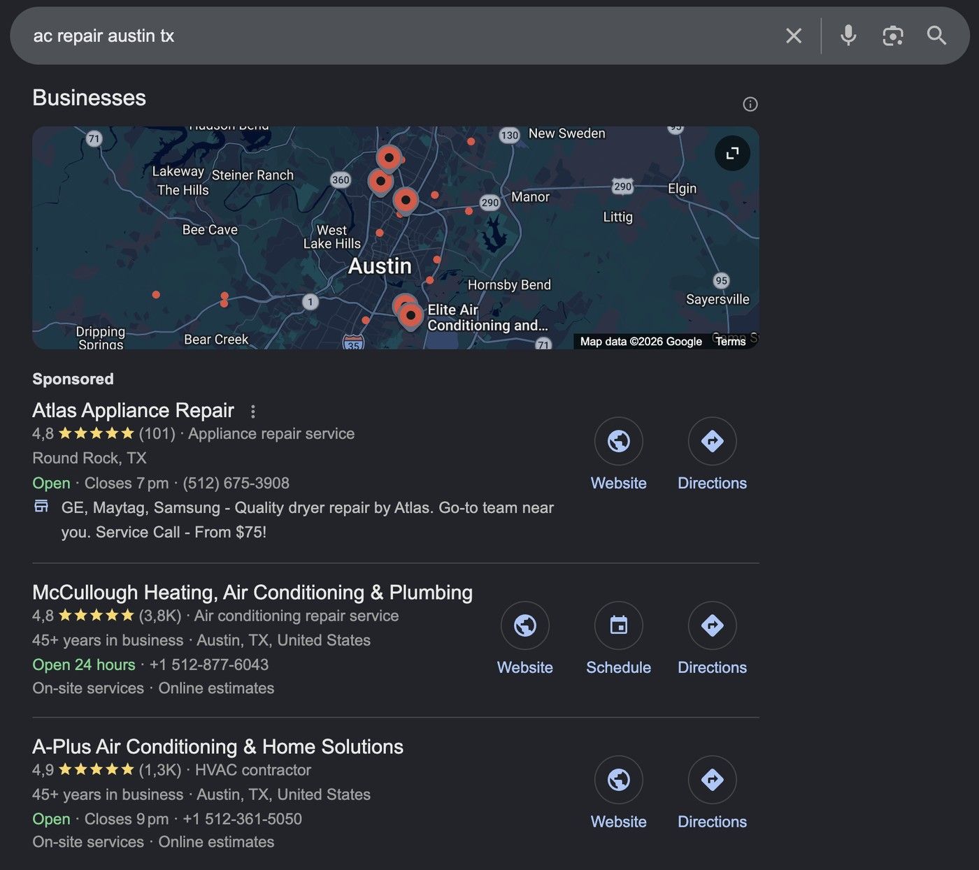 Google results for "ac repair austin tx", showing the map pack and the companies in it.